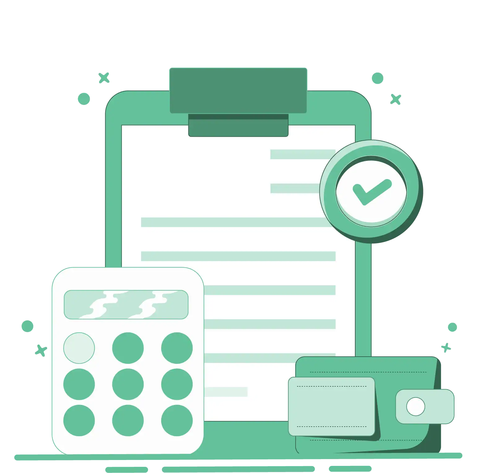 Clipboard with a checkmark, calculator, wallet, and documents representing financial management, accounting, or business services.